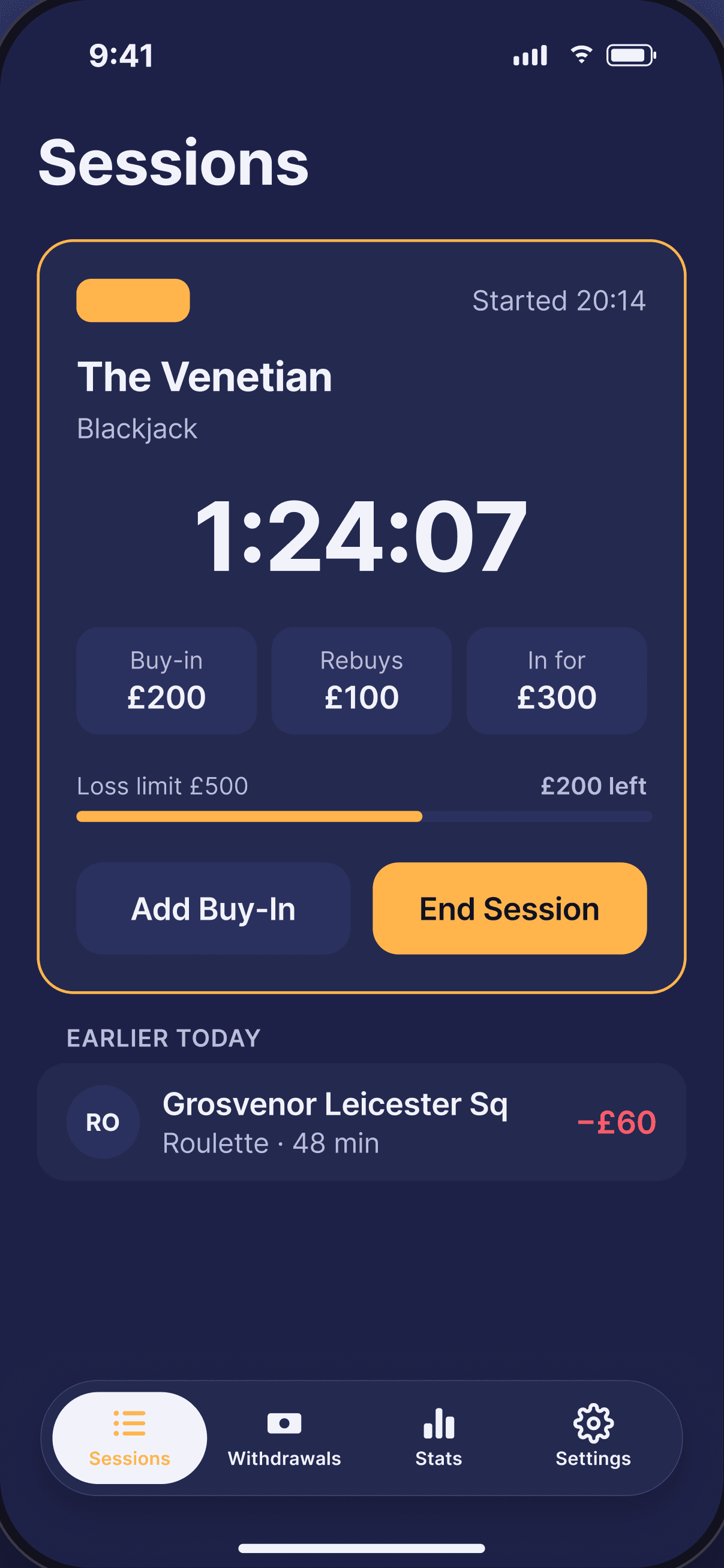 A live WinLoss blackjack session with a running timer, buy-ins and loss limit