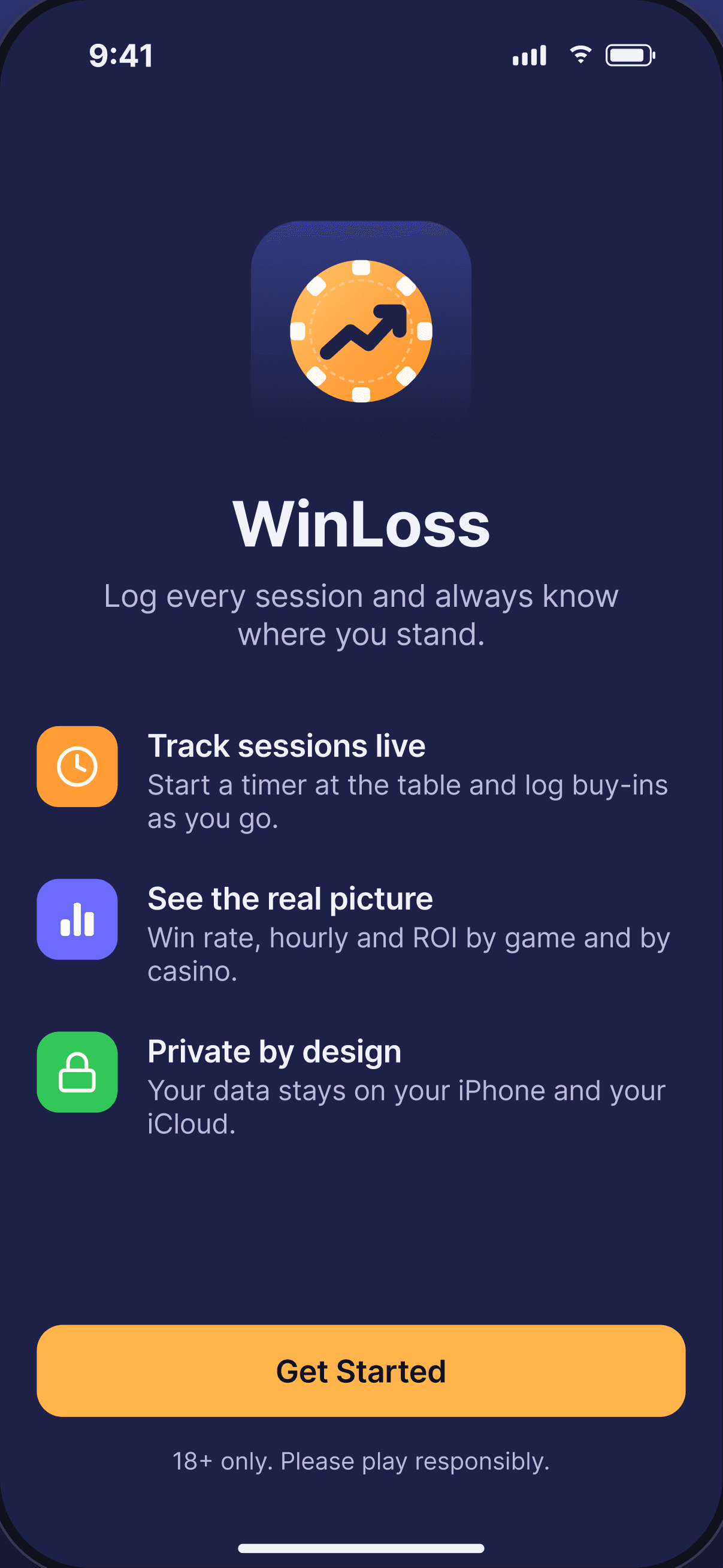 The WinLoss welcome screen introducing live tracking, stats and privacy