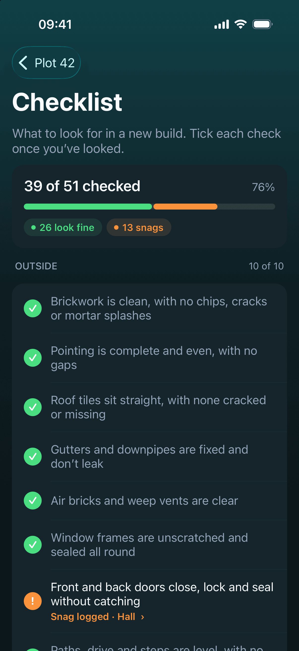 The Snagwise new-build checklist with completed checks and recorded defects