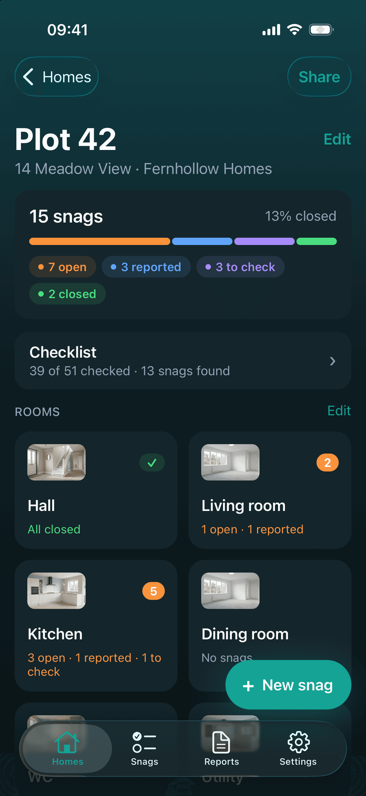 Snagwise home overview showing 15 snags and room-by-room progress
