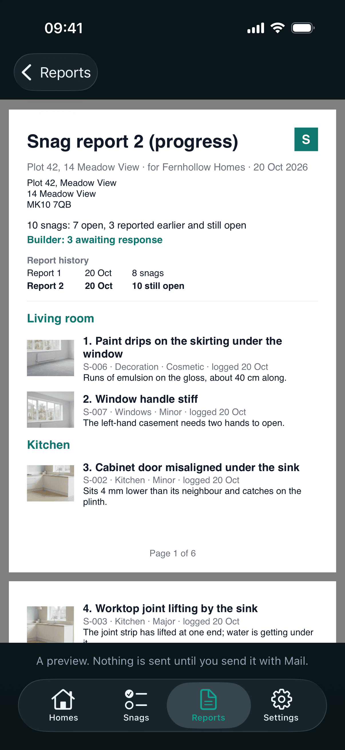 Snagwise report screen with options to create a report for the house builder